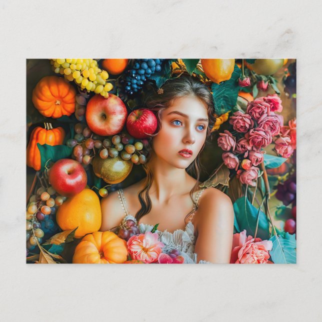 Frau mit Trauben und Blumenarrangement Postkarte (Vorderseite)