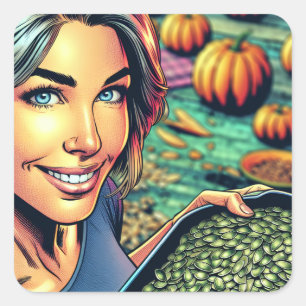 Frau mit Tray of Pumpkin Seeds Halloween Quadratischer Aufkleber
