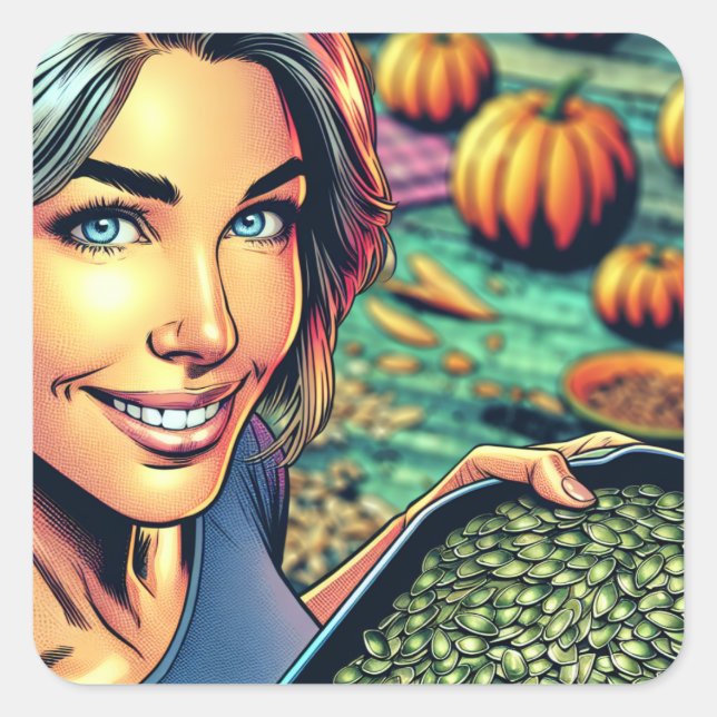 Frau mit Tray of Pumpkin Seeds Halloween Quadratischer Aufkleber (Vorderseite)