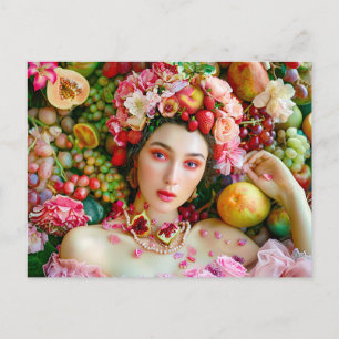 Frau mit tropischen Früchten und floralen Akzenten Postkarte