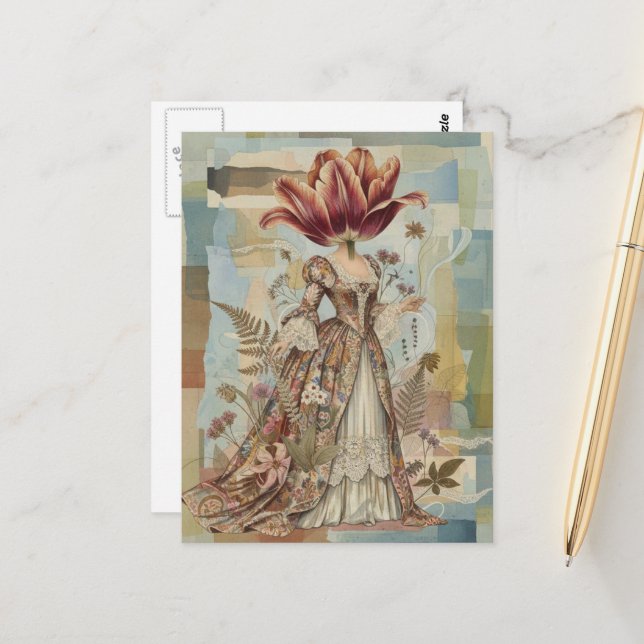 Frau mit Tulpe als Kopf Collage Postkarte (Vorderseite/Rückseite Beispiel)