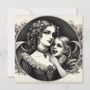 Frau mit Vampir-Kind Vintage-Illustration Karte