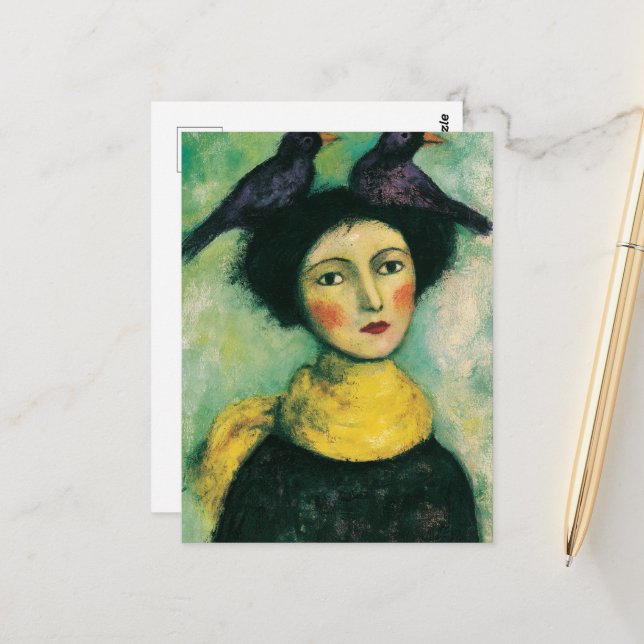 Frau mit Vögeln auf dem Kopf Postkarte (Vorderseite/Rückseite Beispiel)