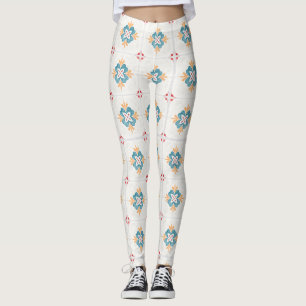 Frau mit weißen Leggings mit einem farbenfrohen 