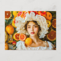 Frau mit Zitrusfrüchten und Blumenkranz