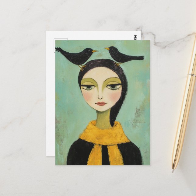 Frau mit zwei schwarzen Vögeln Postkarte (Vorderseite/Rückseite Beispiel)