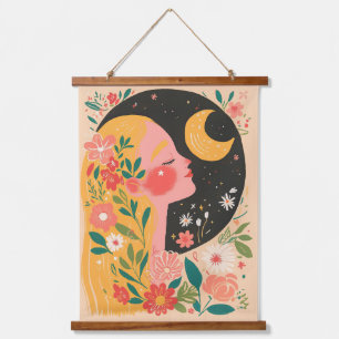 Frau & Mond Nachthimmel Boho Florale Illustration Wandteppich Mit Holzrahmen
