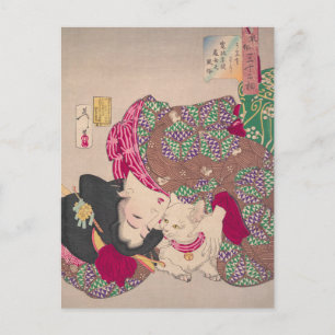 Frau neckt Katze Yoshitoshi Vintage Japan Druck Postkarte