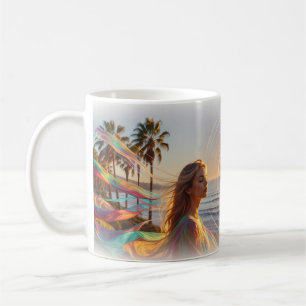 Frau Ozean Sonnenuntergang Regenbogen Energie Well Kaffeetasse