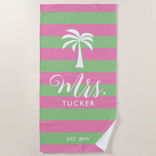 Frau Palm Tree Beachy Pink Green Wedding Geschenk Strandtuch (Vorderseite)