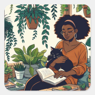 Frau Relaxen mit Katze, Buch und Pflanze Quadratischer Aufkleber