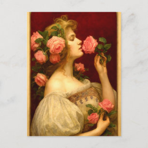 Frau riecht an einer Rose Retro viktorianische Ära Postkarte