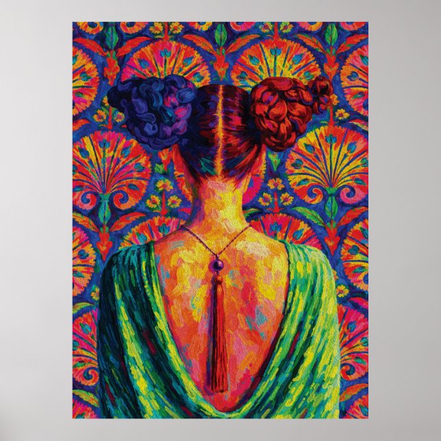 Frau Rückansicht Bunte Dutts Blumenmuster Poster (Vorne)