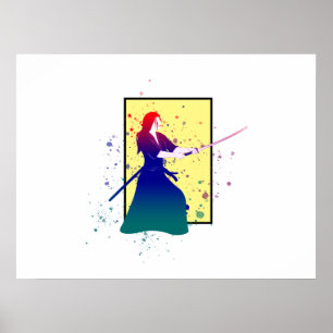 Frau Samurai Kriegerin mit Schwert-Paint-Splash Poster