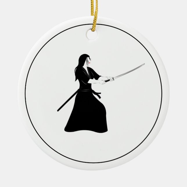 Frau Samurai Warrior mit Schwert Keramik Ornament (Vorne)