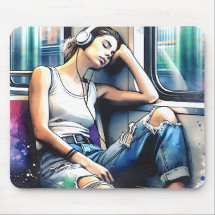 Frau schläft in der U-Bahn und hört Musik Mousepad