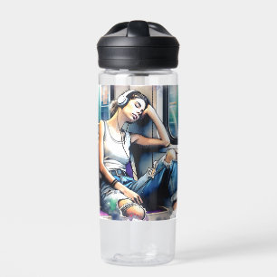 Frau schläft in der U-Bahn und hört Musik Trinkflasche