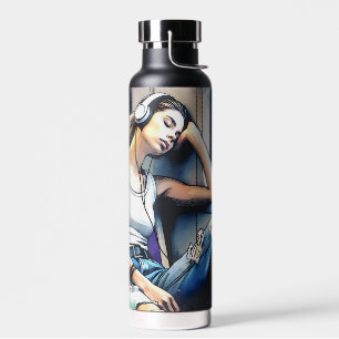 Frau schläft in der U-Bahn und hört Musik Trinkflasche