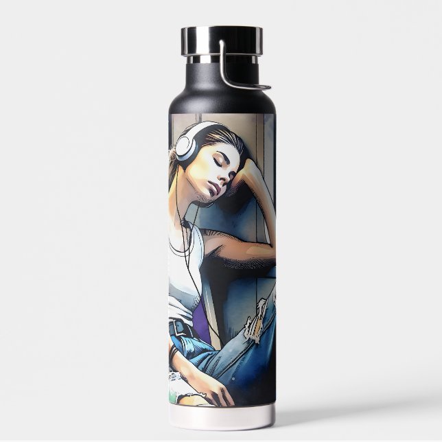 Frau schläft in der U-Bahn und hört Musik Trinkflasche (Links)