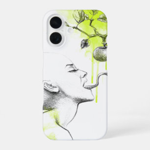 Frau Schlangenzunge Apfel Grün Spritzer Surrealist iPhone 16 Hülle