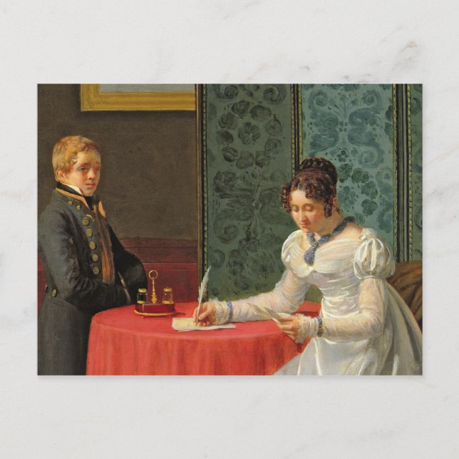 Frau schreibt einen Brief Postkarte (Vorderseite)