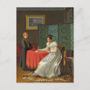 Frau schreibt einen Brief Postkarte