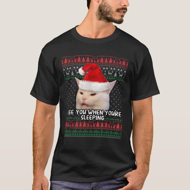 Frau schreien bei einer Katze Ugly Weihnachts-Swea T-Shirt (Vorderseite)