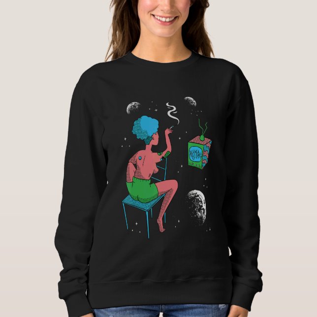 Frau sieht Astronaut im Weltraum fern Sweatshirt (Vorderseite)