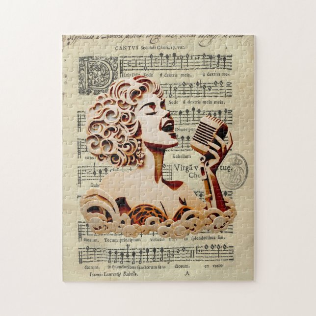 Frau singt Vintage Notenkunst Puzzle (Vertikal)