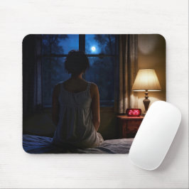 Frau sitzt auf ihrem Bett Mousepad