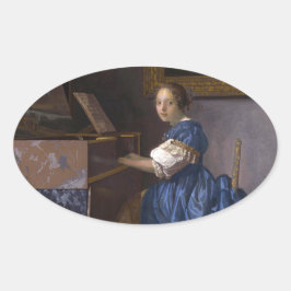 Frau sitzt bei einer Jungfrau von Vermeer Ovaler Aufkleber
