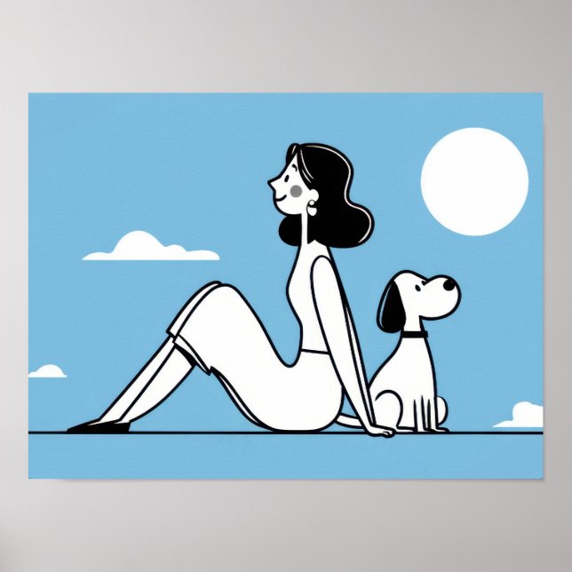 Frau sitzt mit Hund unter dem Mond Poster (Vorne)