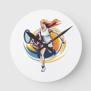 Frau spielt Tennis Runde Wanduhr