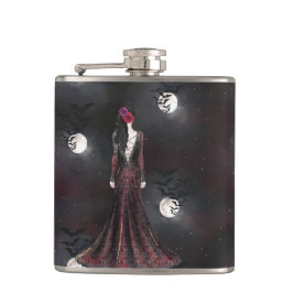 FRAU STEHEND IN EINEM SPOOKY NIGHT SKY MIT VÖGELN FLACHMANN