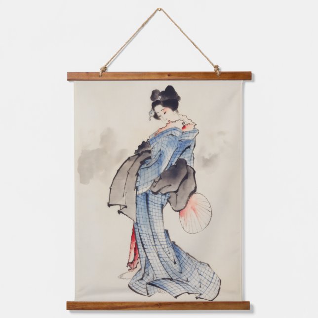 Frau steht mit einem Fan, Hokusai Wandteppich Mit Holzrahmen (Vorderseite)