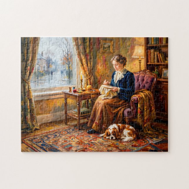 Frau stickt am Fenster mit Cavalier Spaniel Puzzle (Horizontal)