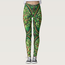 Frau trägt bunte Leggings mit einem komplizierten 