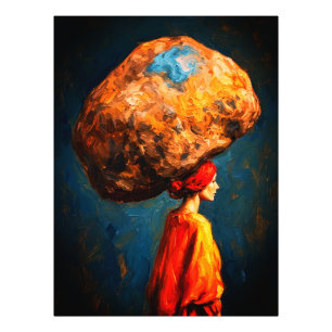 Frau trägt schwere Steinlast Symbolik Impasto Fotodruck