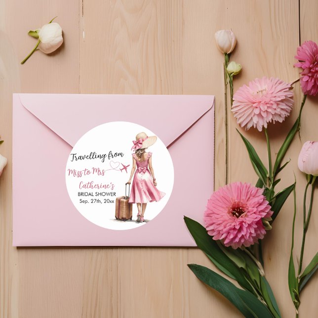 Frau Travel Pink Bow Dress Brautparty Runder Aufkleber (Von Creator hochgeladen)