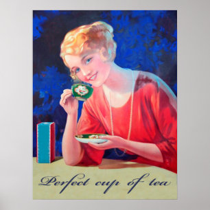 Frau trinkt perfekte Tasse Tee, Vintage Poster