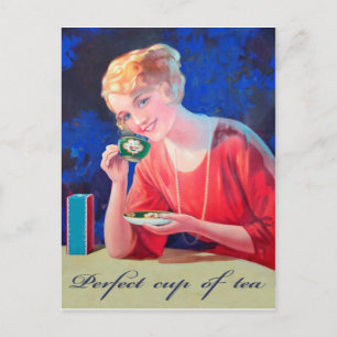 Frau trinkt perfekte Tasse Tee, Vintage Postkarte
