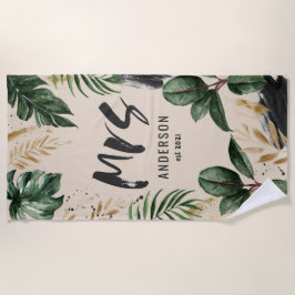 Frau tropische botanisch grüne schwarze Typografie Strandtuch