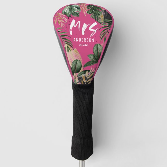 Frau tropische botanische gürtelrosa Typografie Golf Headcover (Vorderseite)