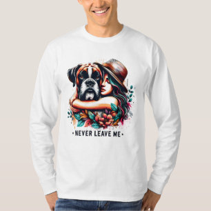 Frau umarmt Bulldog in Hut T-Shirt