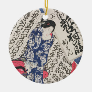 Frau umgeben durch Kalligraphie (Farbewoodblock Keramik Ornament