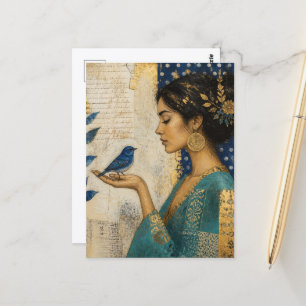 Frau und eine Blaue Vogel Collage Postkarte