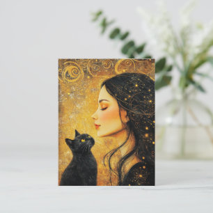 Frau und eine schwarze Katze Postkarte