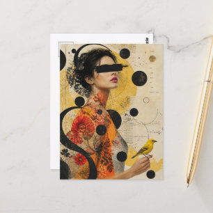 Frau und gelber Vogel Collage Postkarte
