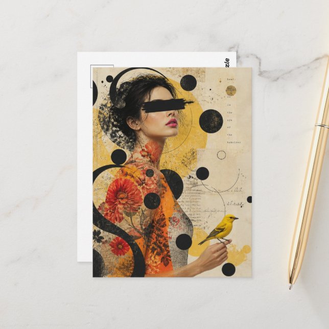 Frau und gelber Vogel Collage Postkarte (Vorderseite/Rückseite Beispiel)