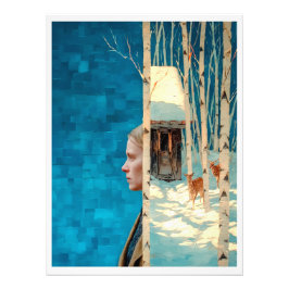 Frau und Hirsche im Schneeburwald durch Hütte Fotodruck